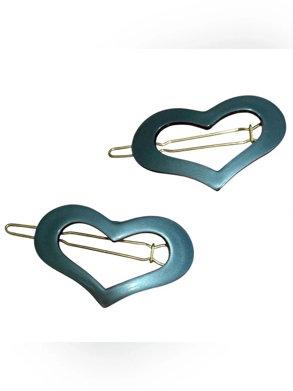 Vintage Pearlescant Blue French Heart Shaped Barrettes, Deadstock